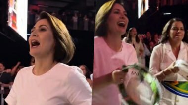 Em evento evangélico, Michelle Bolsonaro surge tocando pandeiro